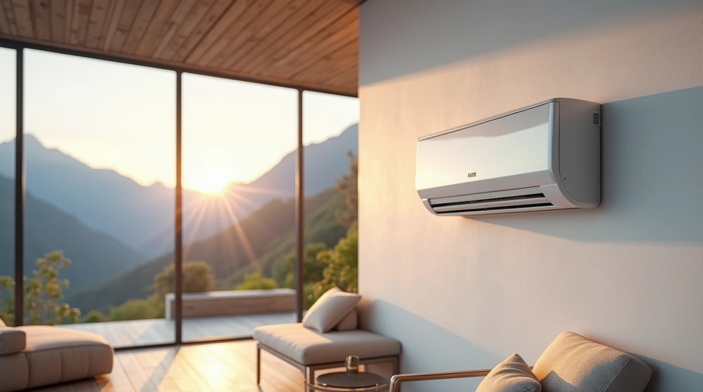 یک کولر گازی در یک اپارتمان با یک دیوار شیشه ای و جذاب 