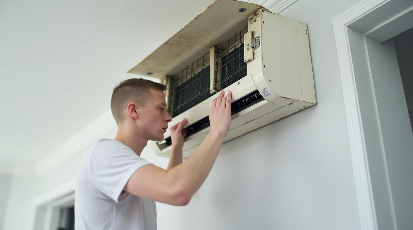 مردی در حال تمیز کردن فیلتر کولر گازی