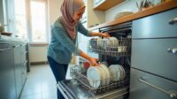 تصویر زنی که در حال گذاشتن ظرف های کثیف در ماشین ظرفشویی است