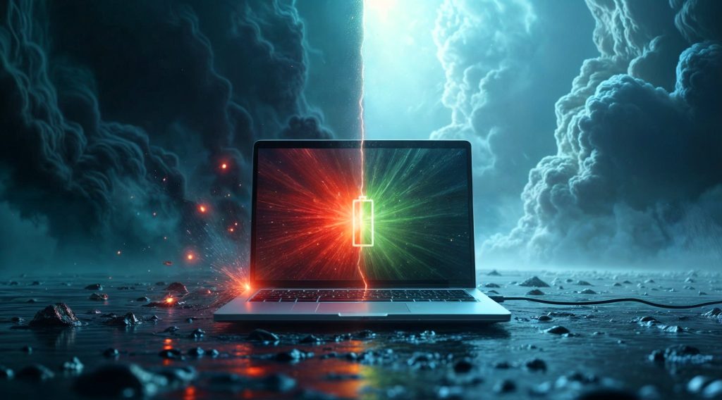 یک لپ تاپ در یک فضای سورئال در حال شارژ