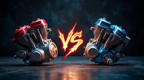 تصویر یک موتور سک سیلندر 2 زمانه و یک موتور 4 زمانه که بین آنها علامت مقایسه وجود دارد