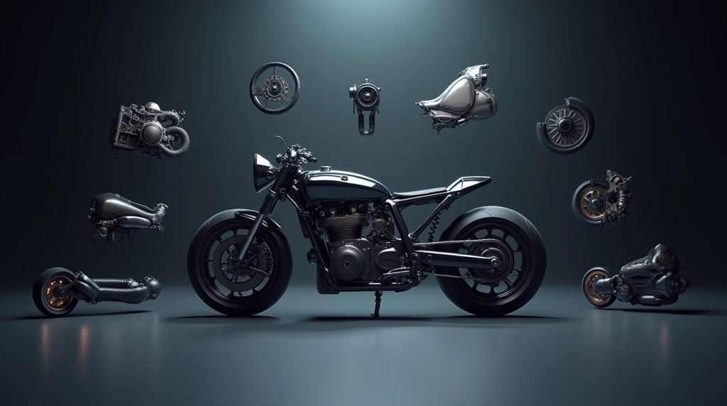 اجزای مختلف موتور سیکلت و تم سیاه رنگ