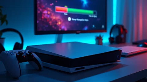 تصویر یک PS5 روی میز گیمینگ