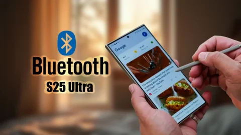 تصویر فردی که یک گوشی S25 Ultra در دست دارد و در کنار آن قلم S Pen در S25 Ultra دیده میشود و علامت بلوتوث