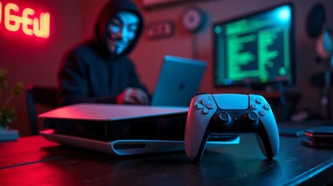 تصویری از یک هکر که قصد نصب بازیهای هکی روی PS5 دارد.