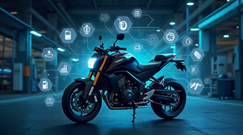 یک موتور سیکلت در یک فضای سورئال که اطراف ان را چند دایره گرفته است