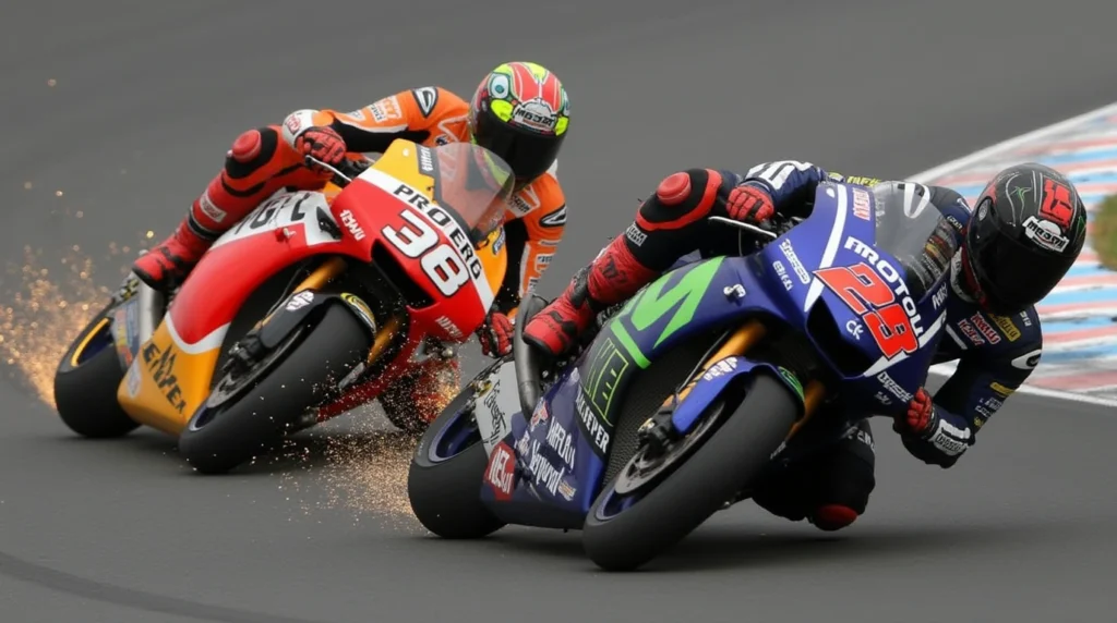 تصویری از دو موتور سوار در مسابقات MotoGP