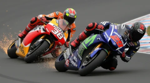 تصویری از دو موتور سوار در مسابقات MotoGP