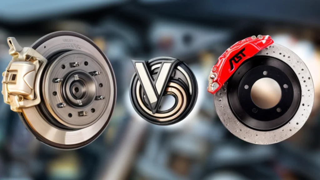 تصویری که نشان دهنده تفاوت ترمز دیسکی و ترمز کاسه ای است و یک علامت vs بین آن دو