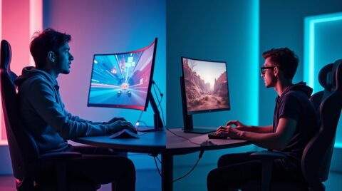 دو فرد در حال انجام فعالیت با مانیتور خمیده و مانیتور تخت