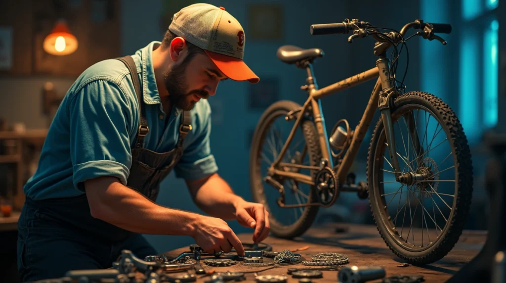 تعمیرکار درحال تعمیر یک دوچرخه