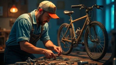 تعمیرکار درحال تعمیر یک دوچرخه