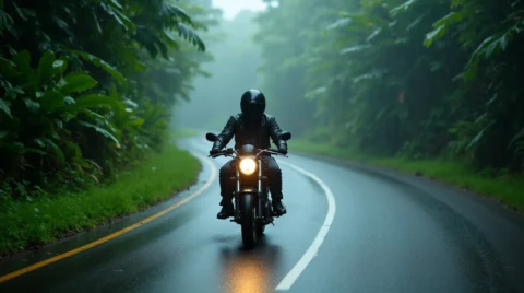 یک موتور سیکلت در جاده که از سیستم کروز کنترل استفاده میکند.