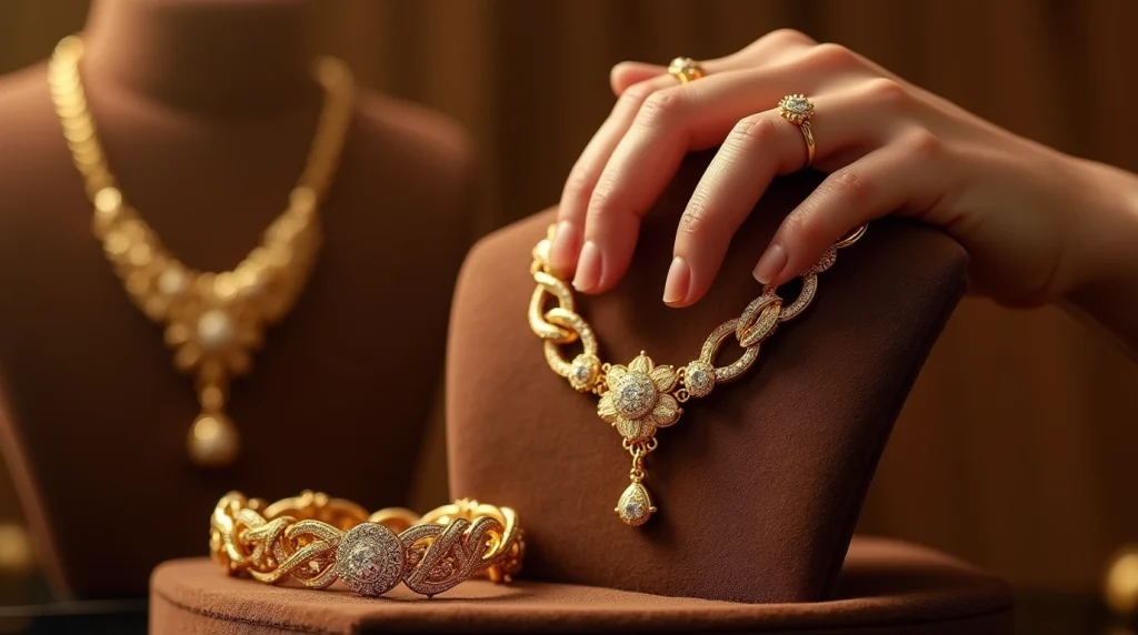 دست فردی روی ماکت، گردنبند طلا بر گردن ماکت و دستبند طلا در پایین آن