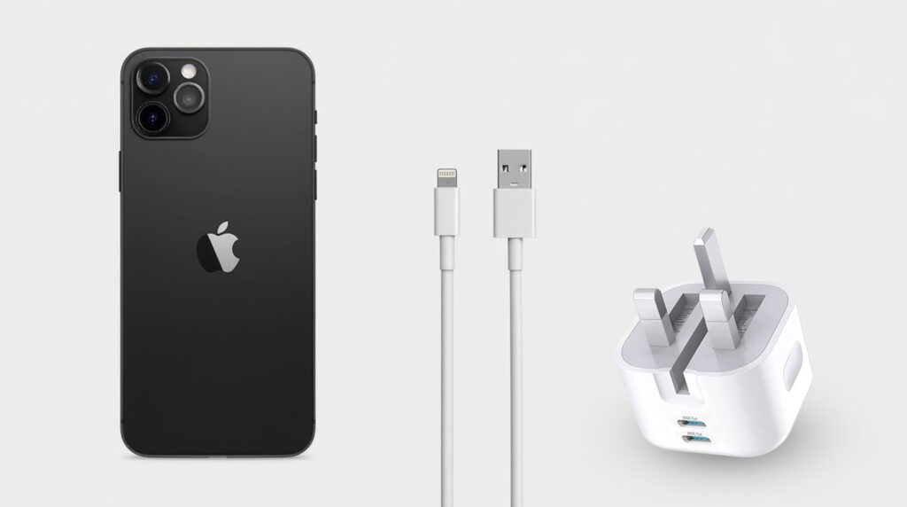 تصویری از آداپتور و کابل و گوشی آیفون
