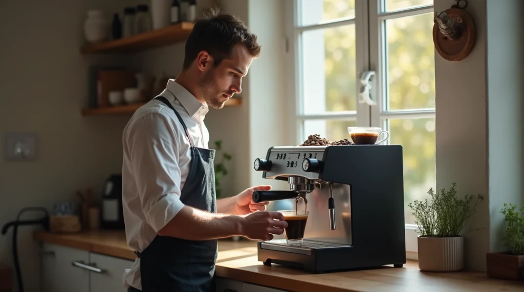 تصویری از شخصی که در حال عصاره گیری از اسپرسو ساز است