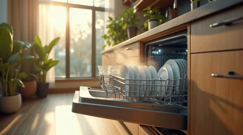 تصویری از یک ماشین ظرفشویی داخل یک آشپزخانه