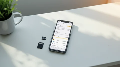 تصویری از گوشی روی یک میز که حافظه گوشی جای خالی زیادی دارد