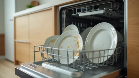 تصویری از یک ماشین ظرفشویی با ظرفهایی کثیف داخلش