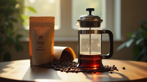 تصویری از فرنچ پرس و پورد و دانه قهوه
