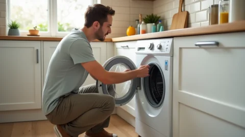 تصویری از فردی که درحال تمیز کردن ماشین لباسشویی