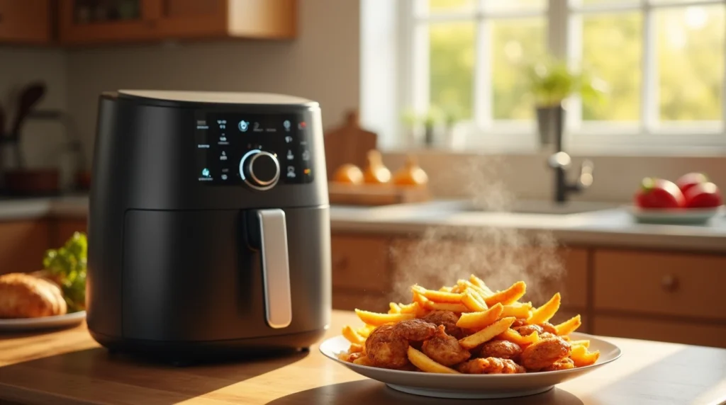 سرخ کن بدون روغن در کنار ظرف غذای تهیه شده با هواپز