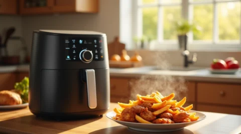 سرخ کن بدون روغن در کنار ظرف غذای تهیه شده با هواپز