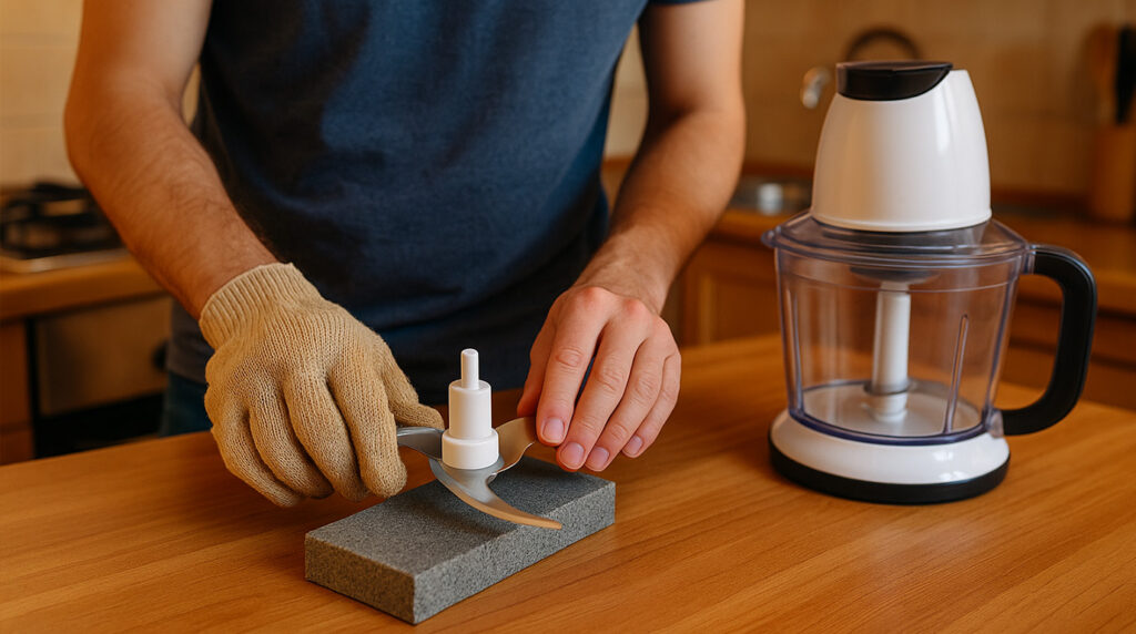 تصویری از یک خردکن و یک فرد که داره تیغش رو تیز می‌کنه