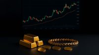 تصویری از شمش طلا، سکه و زنجیر طلا در کنار نمودار انالیز نوسان قیمت طلا