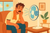 تصویری از پنکه در حال کار کردن مقابل شخصی ک در حال عرق ریختنه