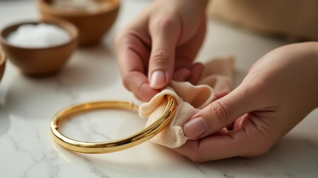 تصویری از چگونه طلا را براق کنیم؟ که فردی درحال تمیز کردن با دستمال نرم است