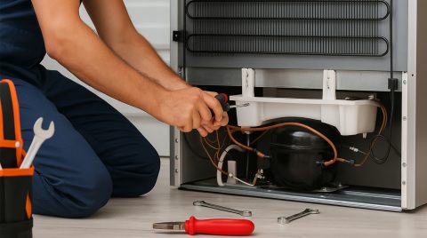 تصویری از فردی که درحال تمیز کردن کندانسور یخچال است