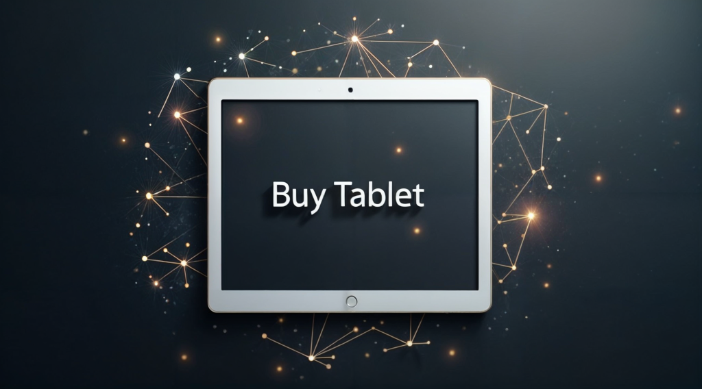 خید تبلت اقساطی. یک تبلت با پس زمینه مشکی با کلمه buy tablet