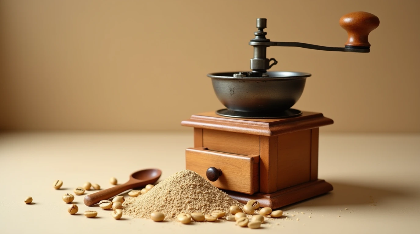 تصویری از آسیاب دستی و قهوه سفید